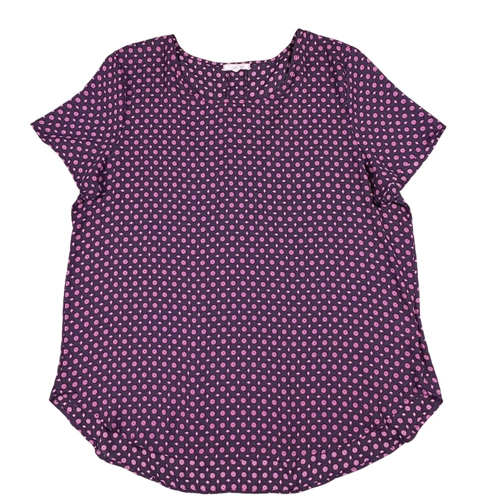 Pleione XL Purple Pink Medallion Geometric Short Sleeve Back Pleat Blouse 57074
